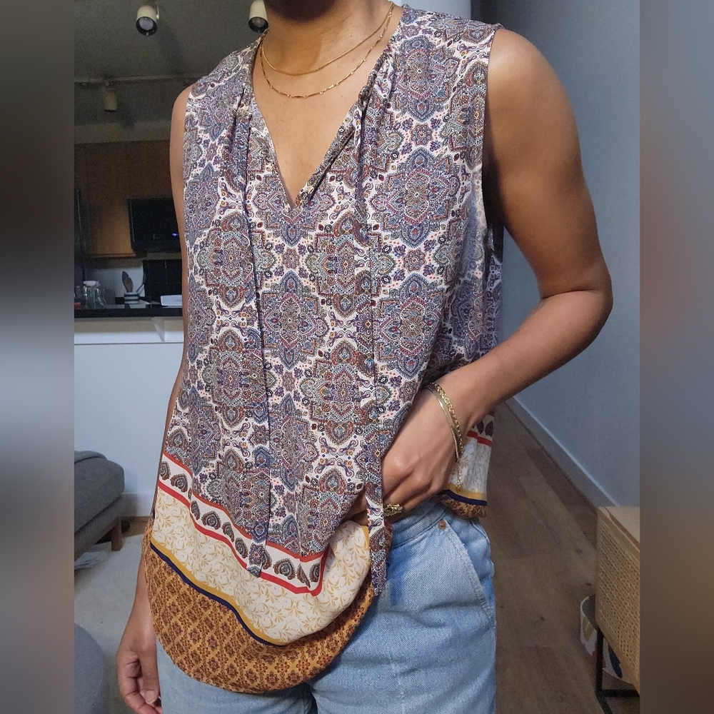 Cynthia Rowley Sleeveless Printed Tank Top Large Boho Border Print
